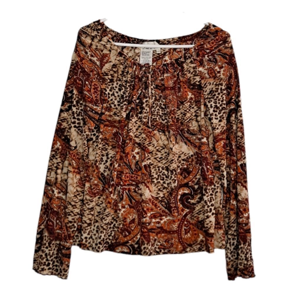 Fred David Long Sleeve Blouse Rust Brown Tan Animal Print Paisley Large